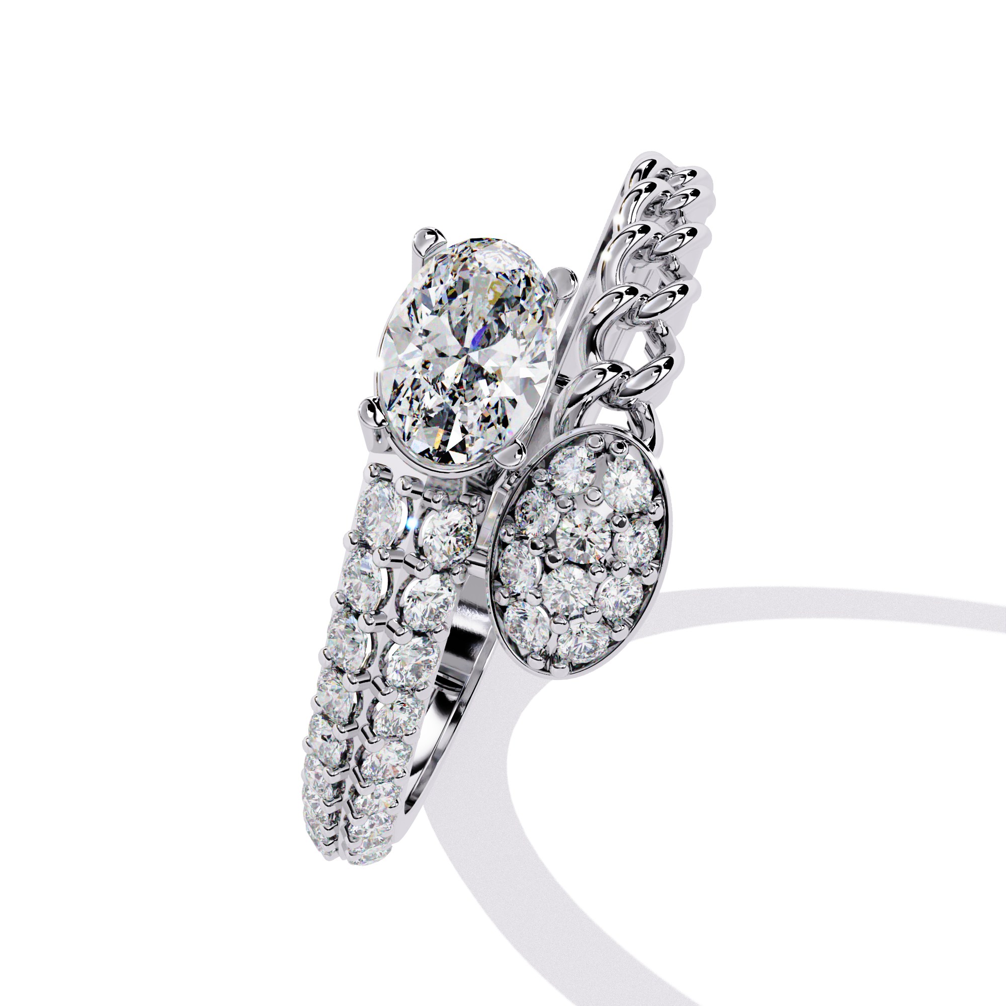 Diamond Oval Solitaire & Pavé Chain Statement Ring